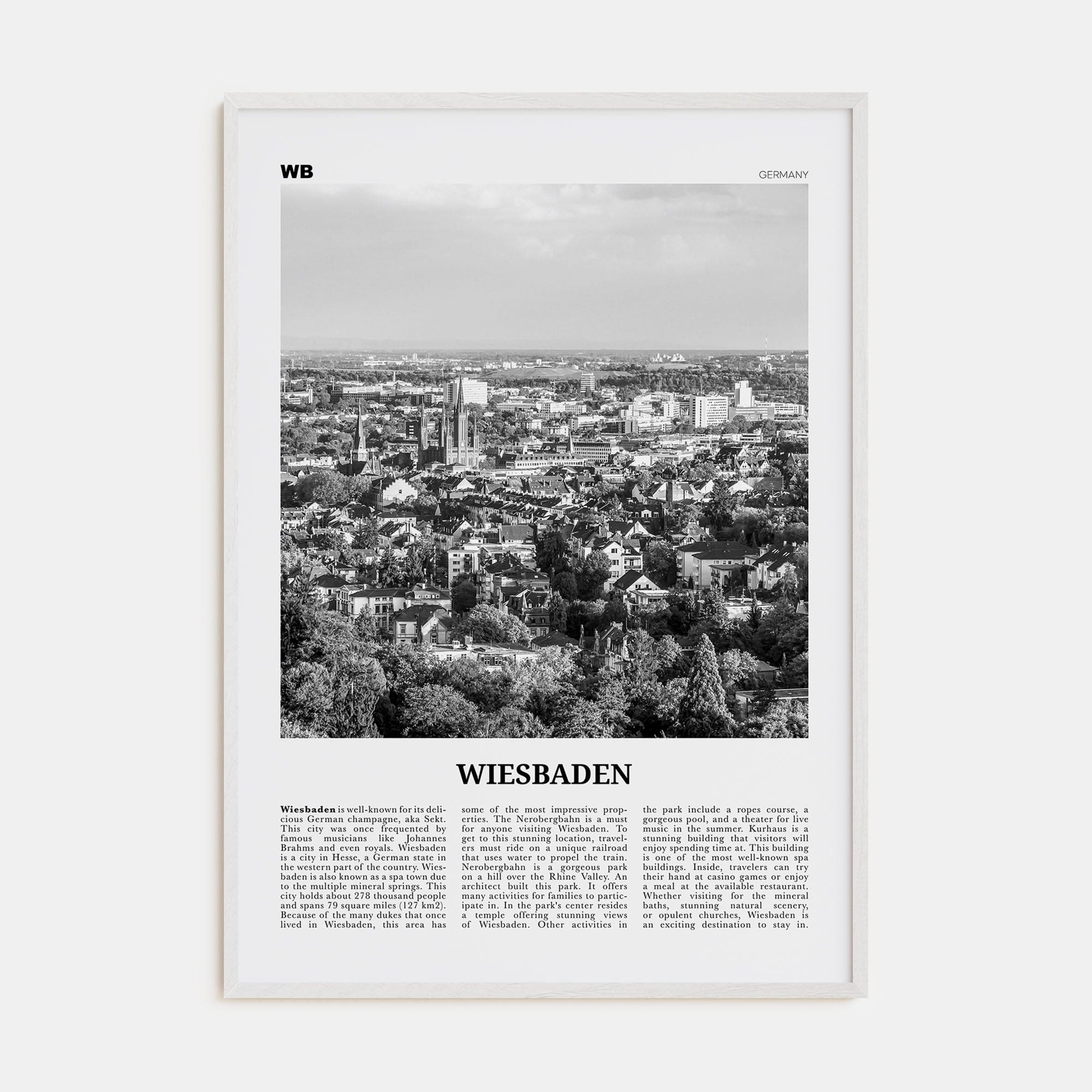 Wiesbaden Poster White Wood / 8x12 in Nbourhood Travel B&W Poster