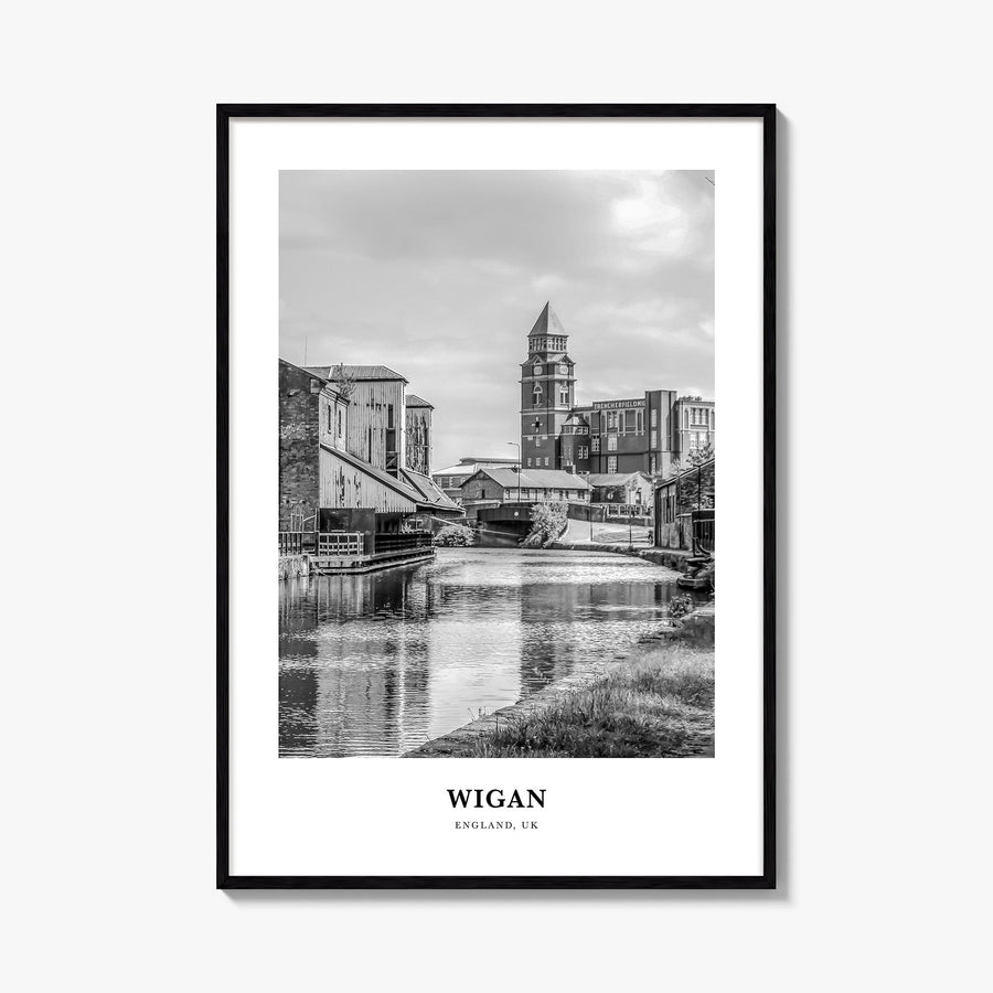 Wigan black & white classic poster of England, UK – vertical wall art, unframed print shown in interior mockup