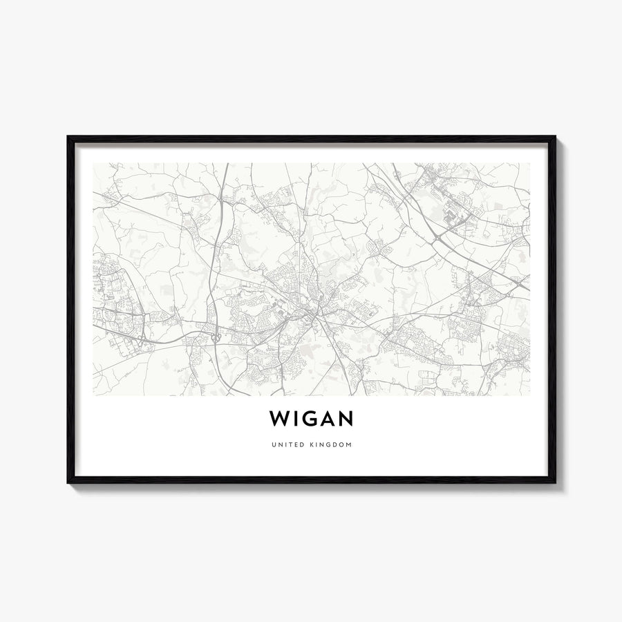 Wigan black & white map poster of England, UK – horizontal wall art, unframed print shown in interior mockup