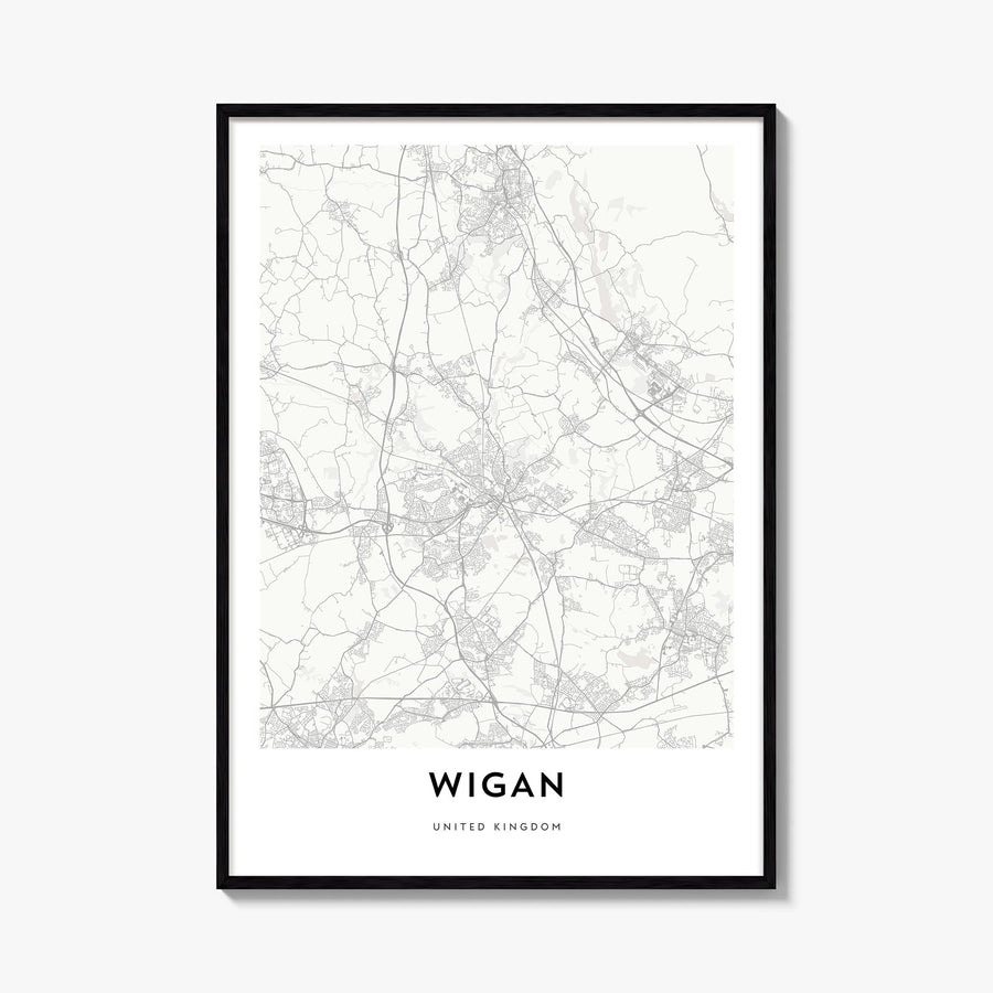 Wigan black & white map poster of England, UK – vertical wall art, unframed print shown in interior mockup