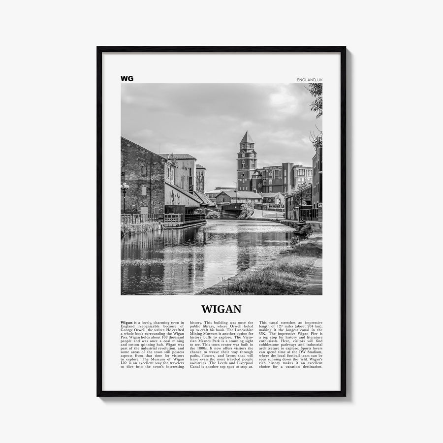 Wigan black & white newspaper poster of England, UK – vertical wall art, unframed print shown in interior mockup
