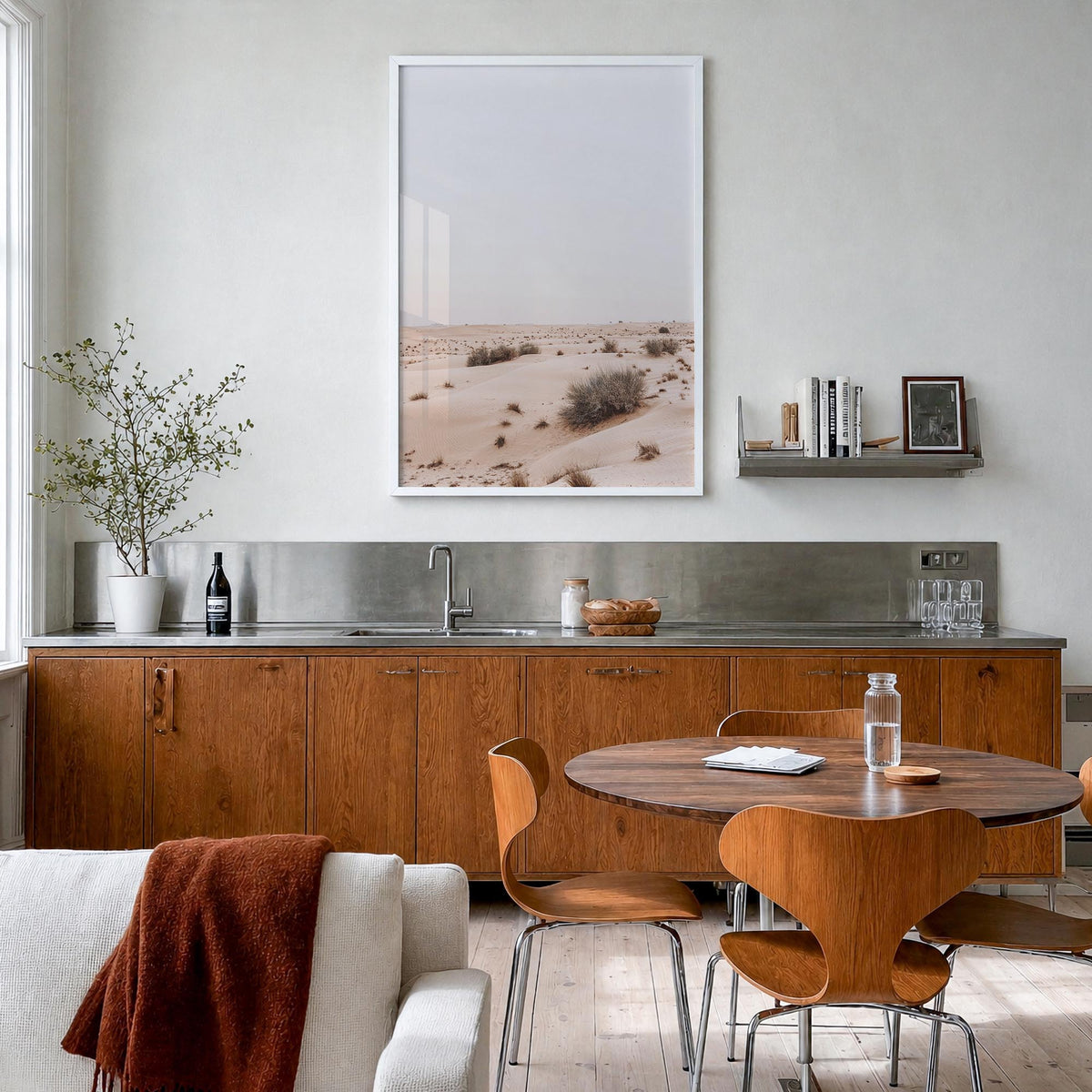 Wild Desert colorful photo poster – vertical wall art in white wood frame, hanging on wall