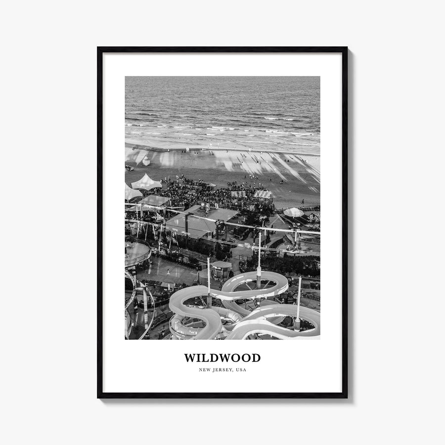 Wildwood black & white classic poster of New Jersey, USA – vertical wall art, unframed print shown in interior mockup