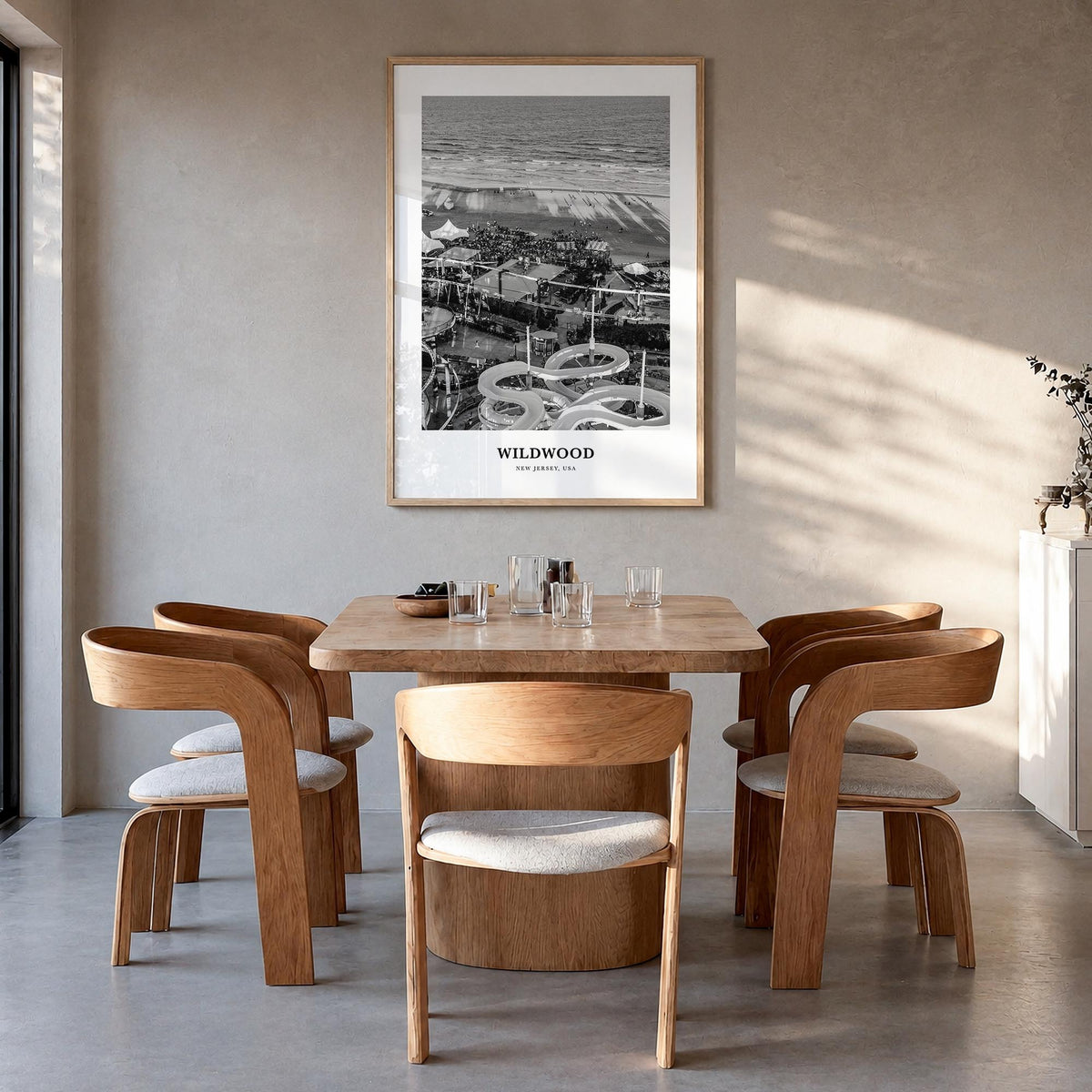Wildwood black & white classic poster of New Jersey, USA – vertical wall art in natural wood frame, hanging on wall