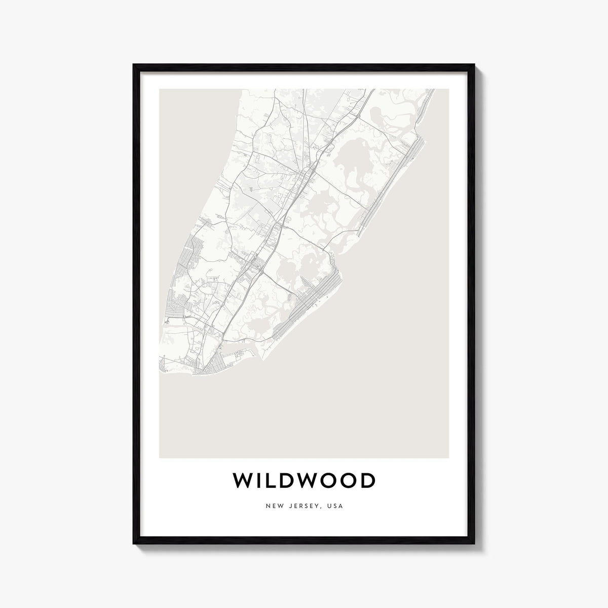 Wildwood black & white map poster of New Jersey, USA – vertical wall art, unframed print shown in interior mockup