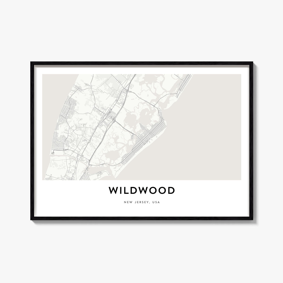 Wildwood black & white map poster of New Jersey, USA – horizontal wall art, unframed print shown in interior mockup