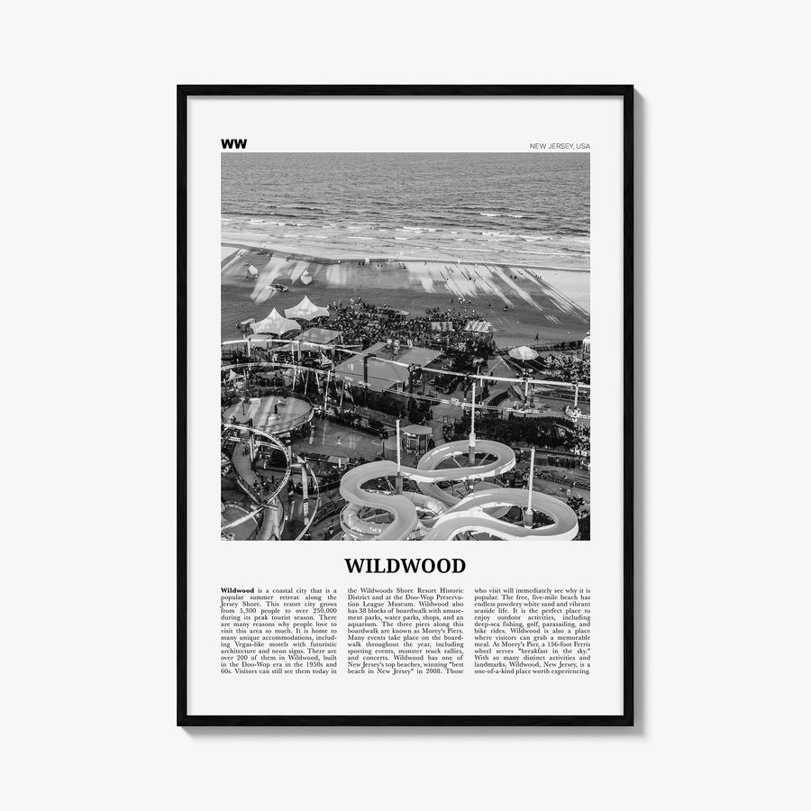 Wildwood black & white newspaper poster of New Jersey, USA – vertical wall art, unframed print shown in interior mockup