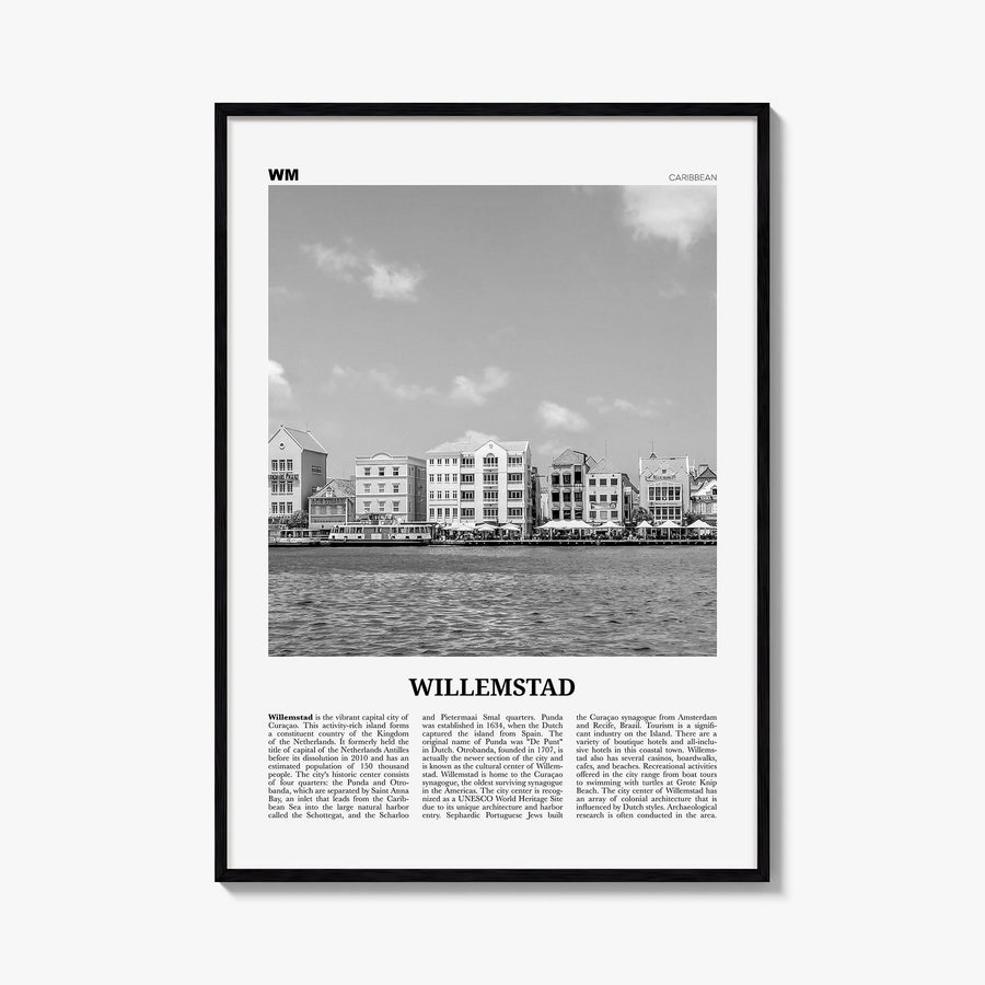 Willemstad black & white newspaper poster of Curaçao – vertical wall art, unframed print shown in interior mockup