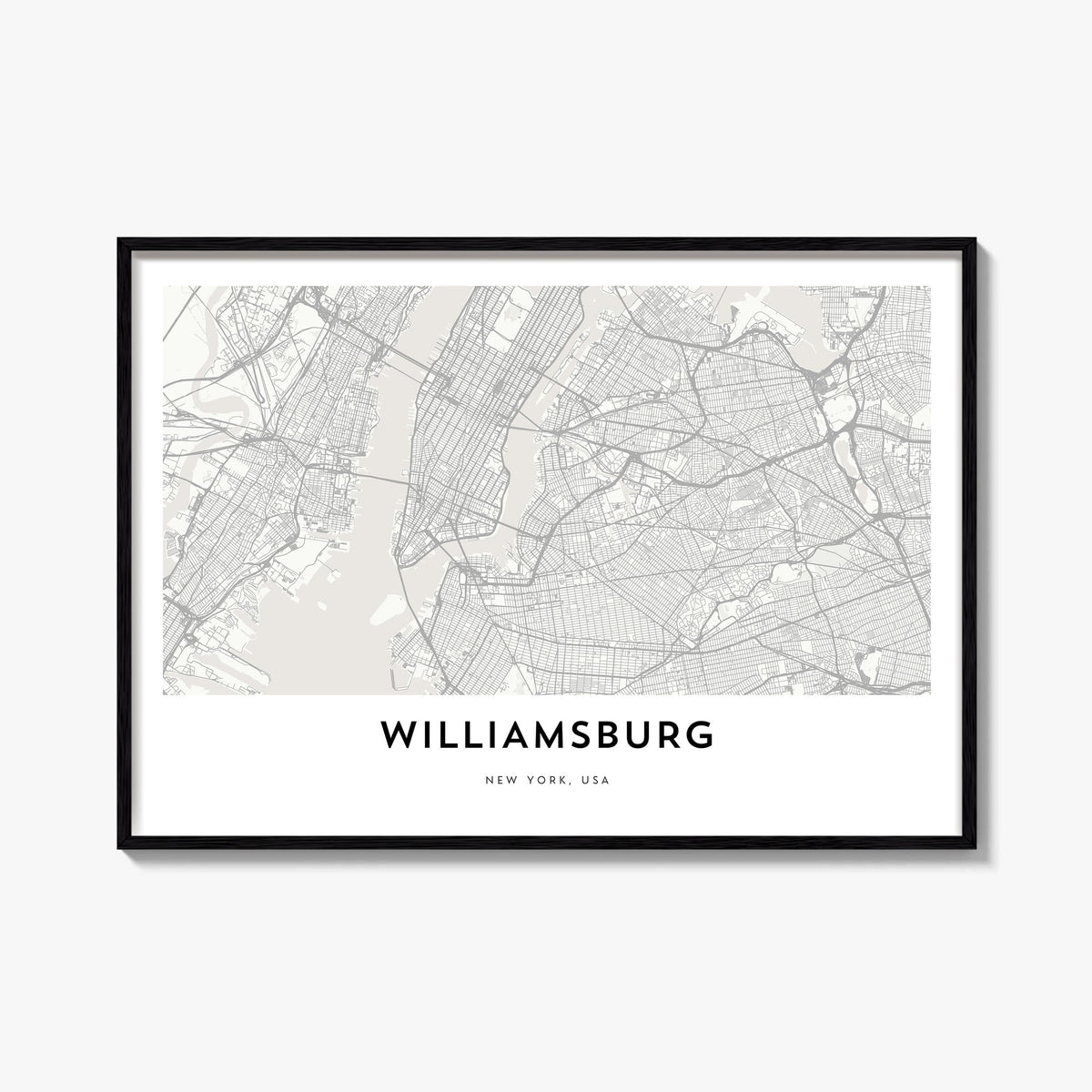 Williamsburg, New York black & white map poster of New York, USA – horizontal wall art, unframed print shown in interior mock