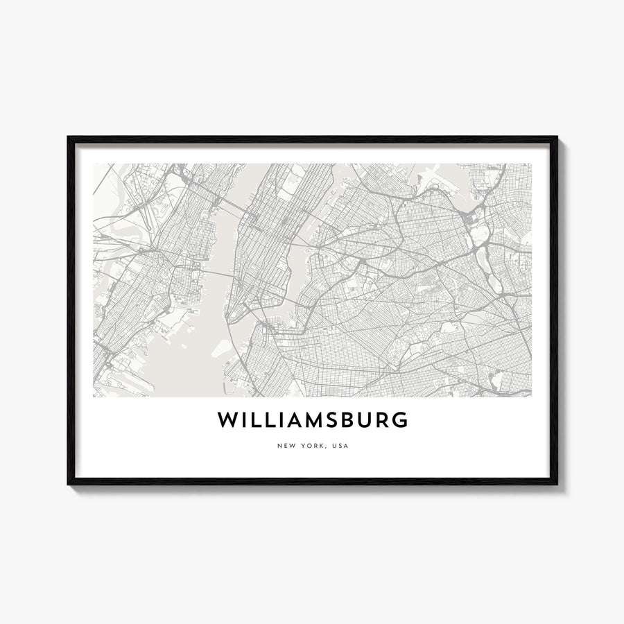 Williamsburg, New York black & white map poster of New York, USA – horizontal wall art, unframed print shown in interior mock