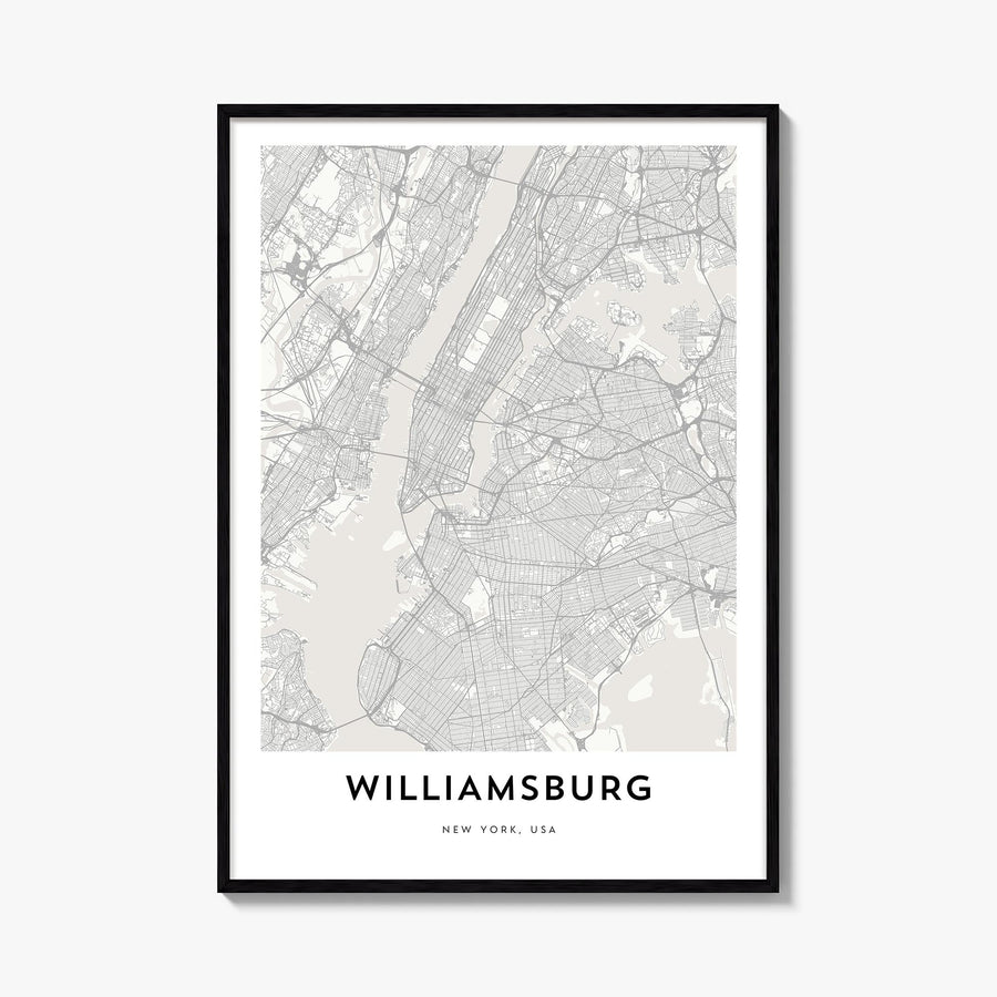 Williamsburg, New York black & white map poster of New York, USA – vertical wall art, unframed print shown in interior mockup