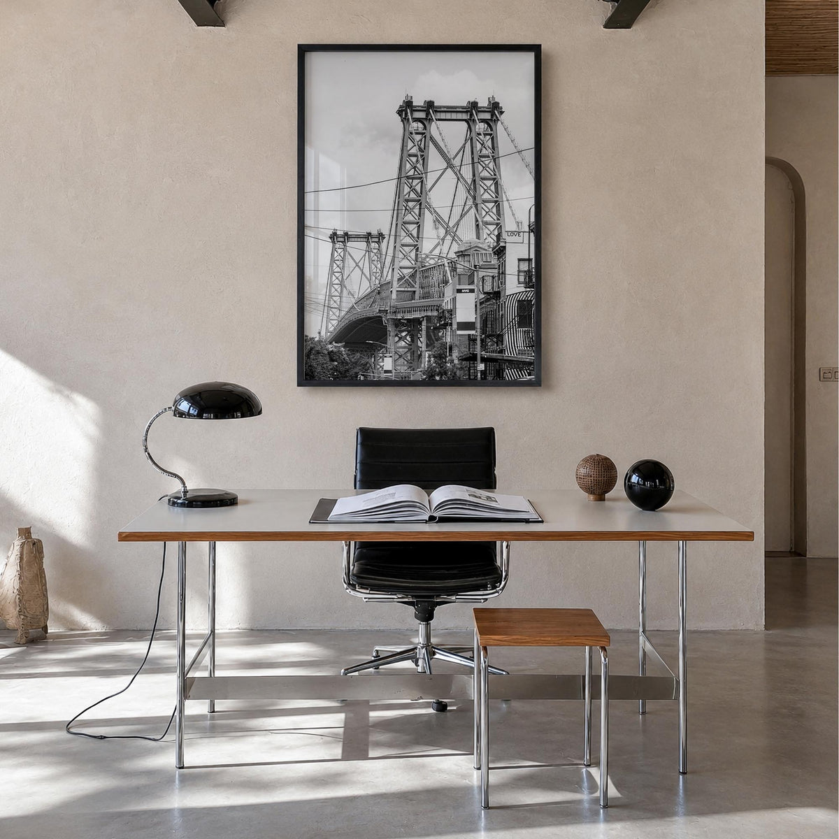 Williamsburg, New York black & white photo poster of New York, USA – vertical wall art in black wood frame, hanging on wall