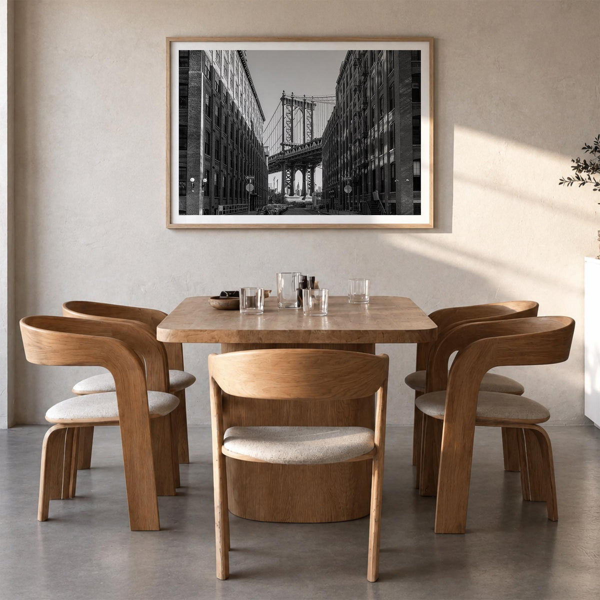 Williamsburg, New York black & white photo poster of New York, USA – horizontal wall art in natural wood frame with white bor