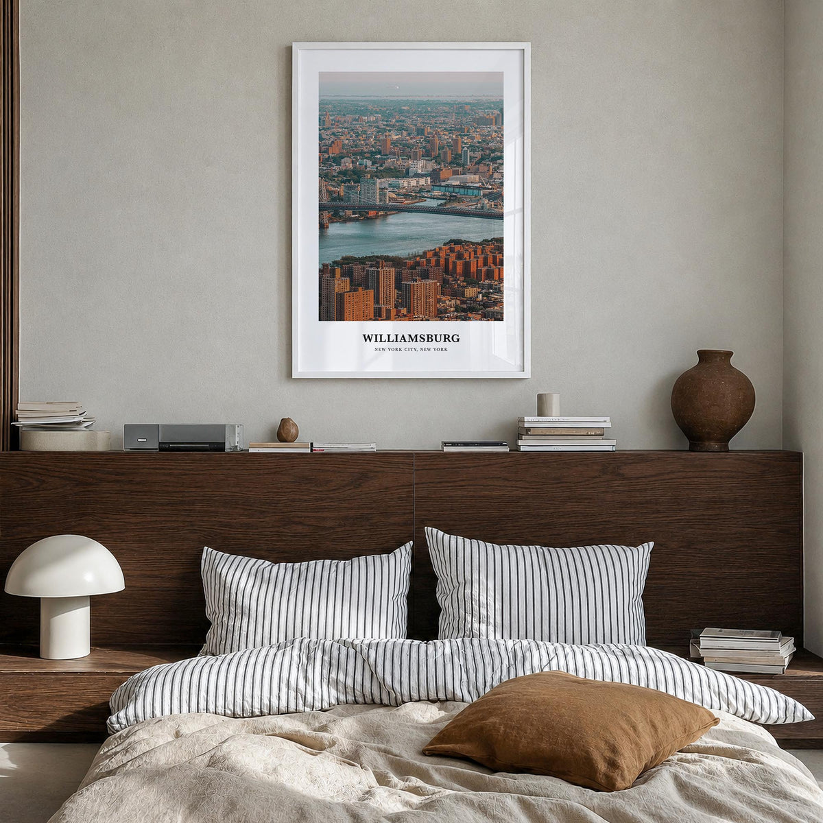 Williamsburg, New York colorful classic poster of New York, USA – vertical wall art in white wood frame, hanging on wall