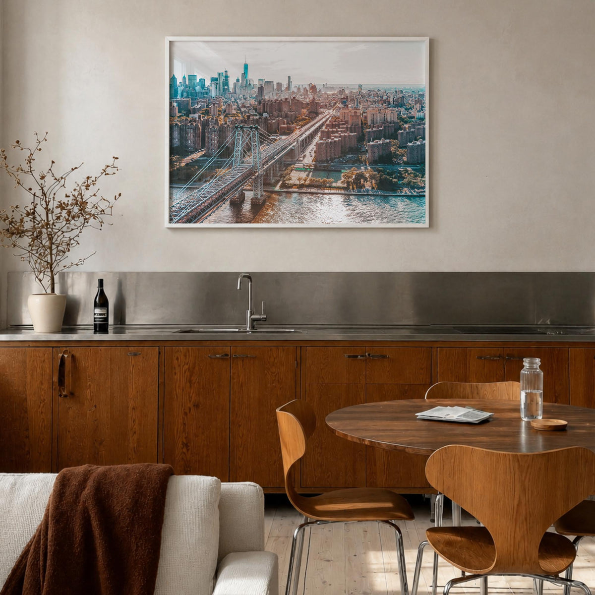 Williamsburg, New York colorful photo poster of New York, USA – horizontal wall art in white wood frame, hanging on wall