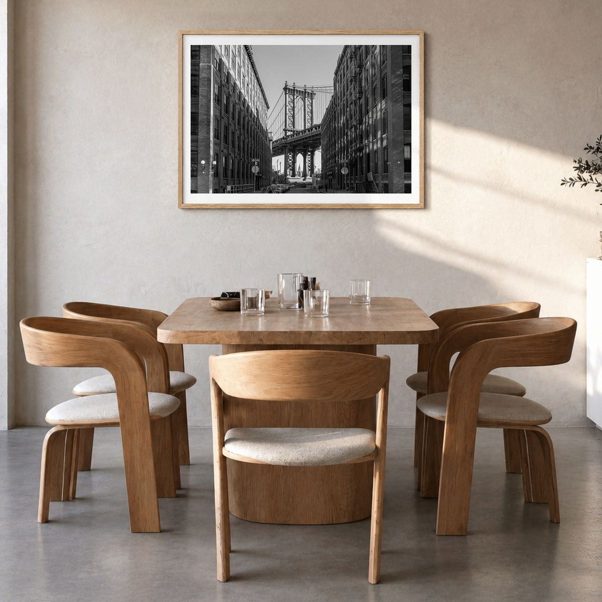 Williamsburg, New York Photo Poster in a natural wood frame, hanging in a dining room, white border