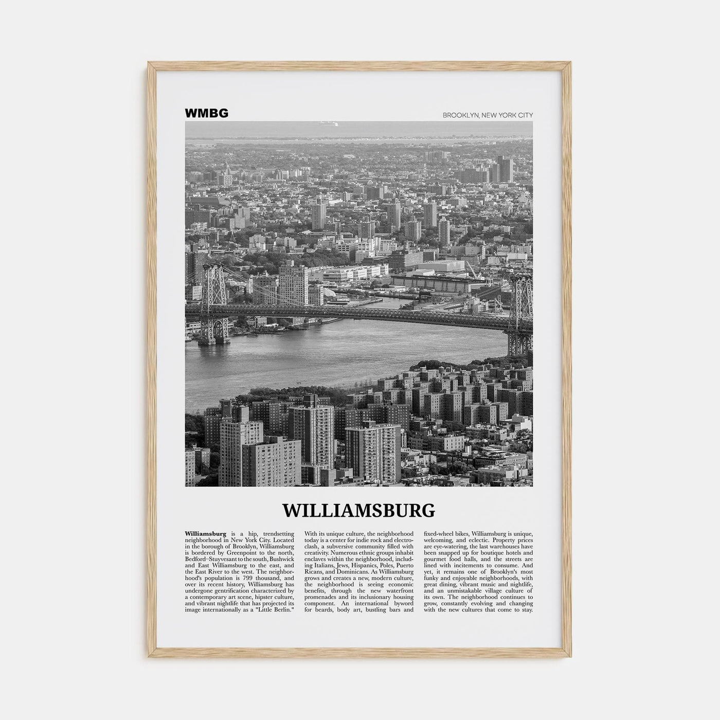 Williamsburg, New York No 1 Poster Natural Wood / 8x12 in Nbourhood Travel B&W Poster