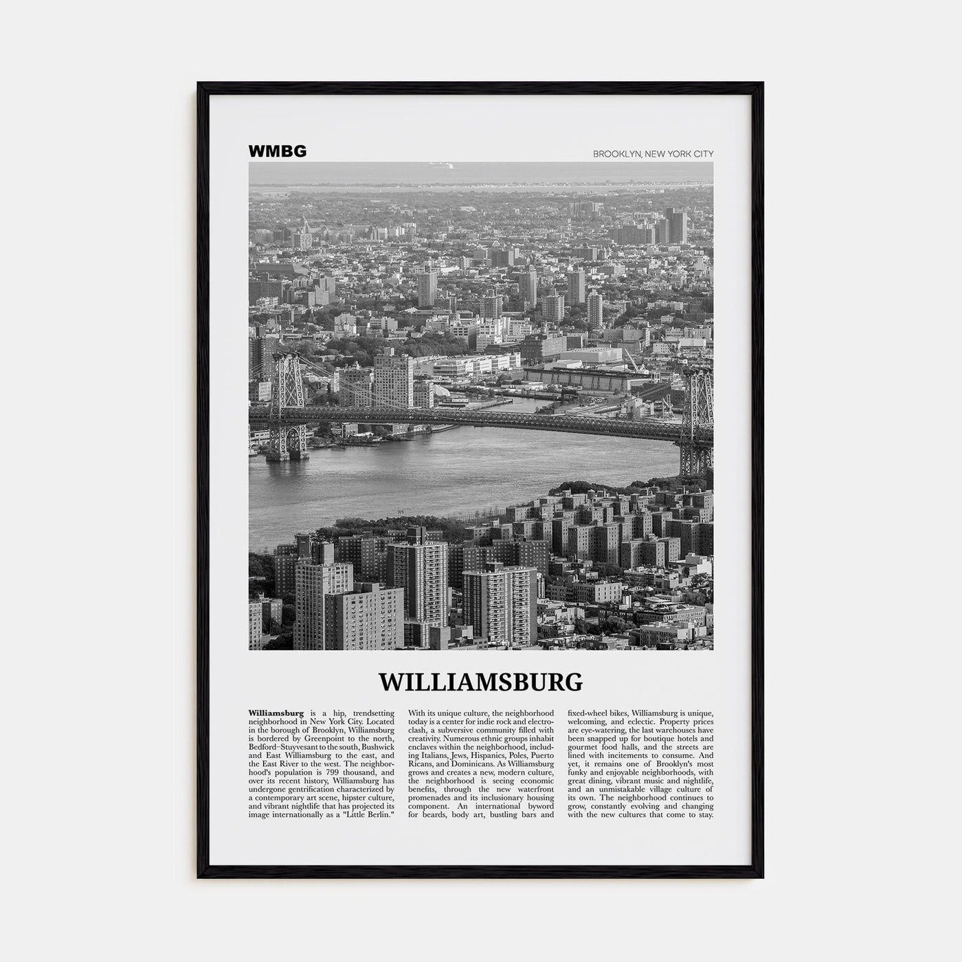 Williamsburg, New York No 1 Poster Black Wood / 8x12 in Nbourhood Travel B&W Poster