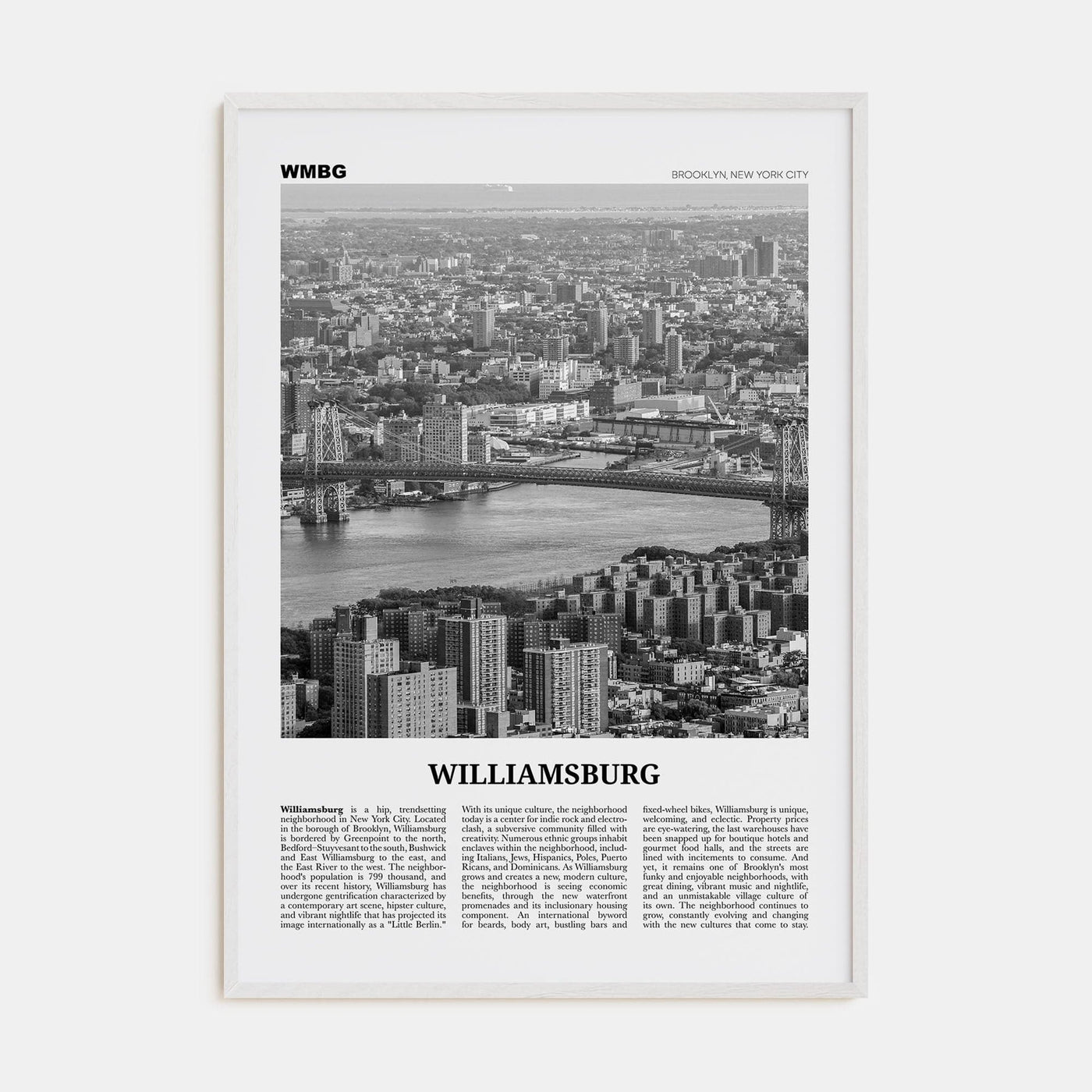 Williamsburg, New York No 1 Poster White Wood / 8x12 in Nbourhood Travel B&W Poster