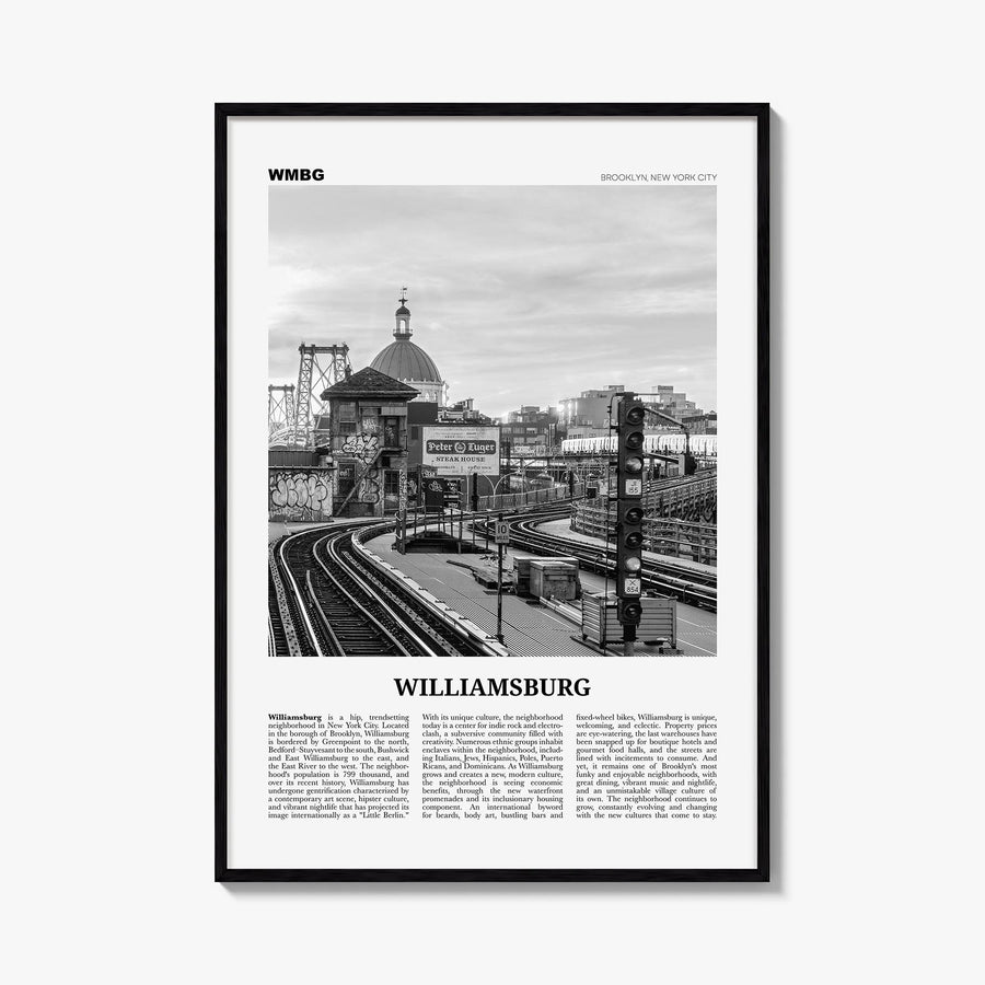 Williamsburg, New York no. 2 black & white newspaper poster of New York, USA – vertical wall art, unframed print shown in int