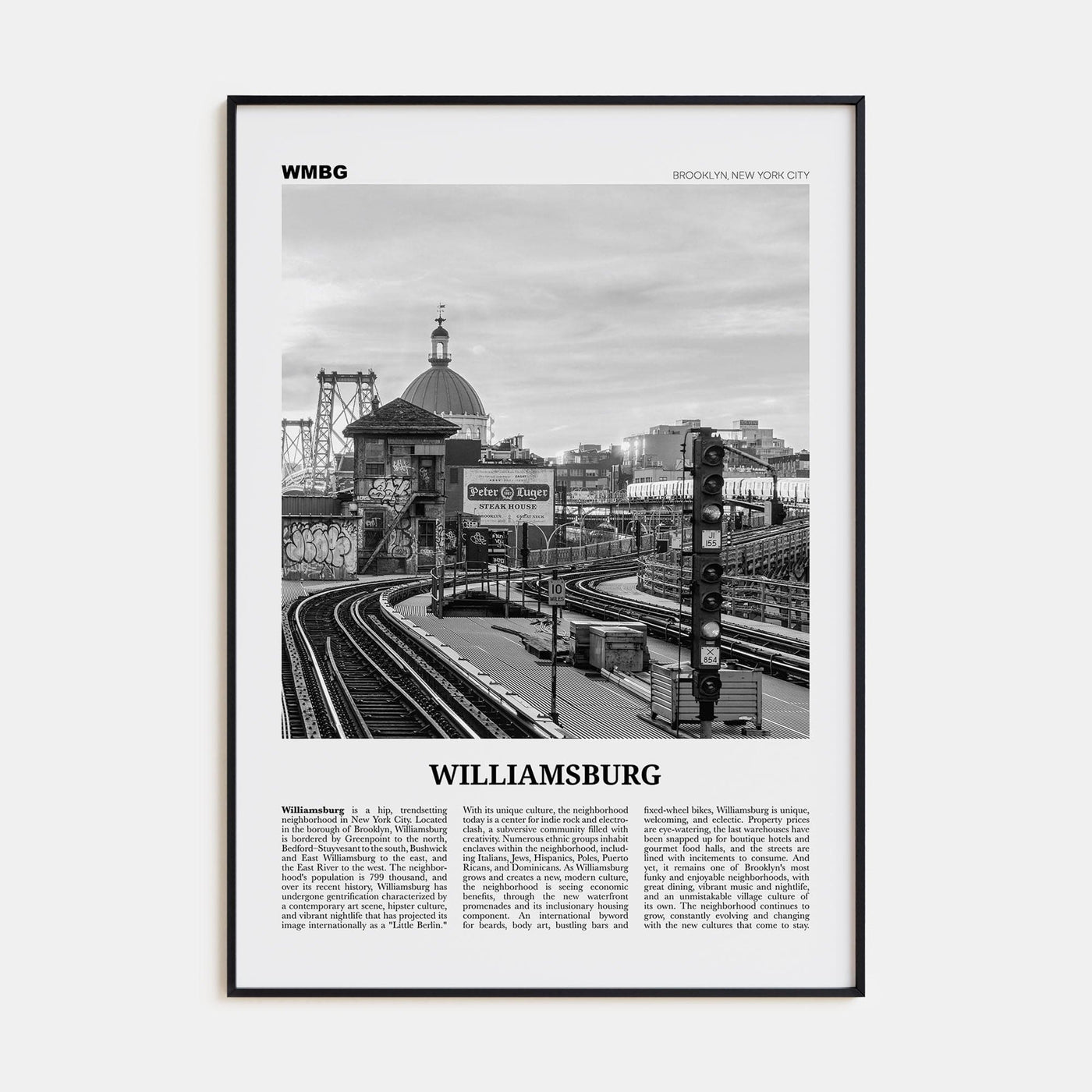 Williamsburg, New York No 2 Poster Black Metal / 8x12 in Nbourhood Travel B&W Poster