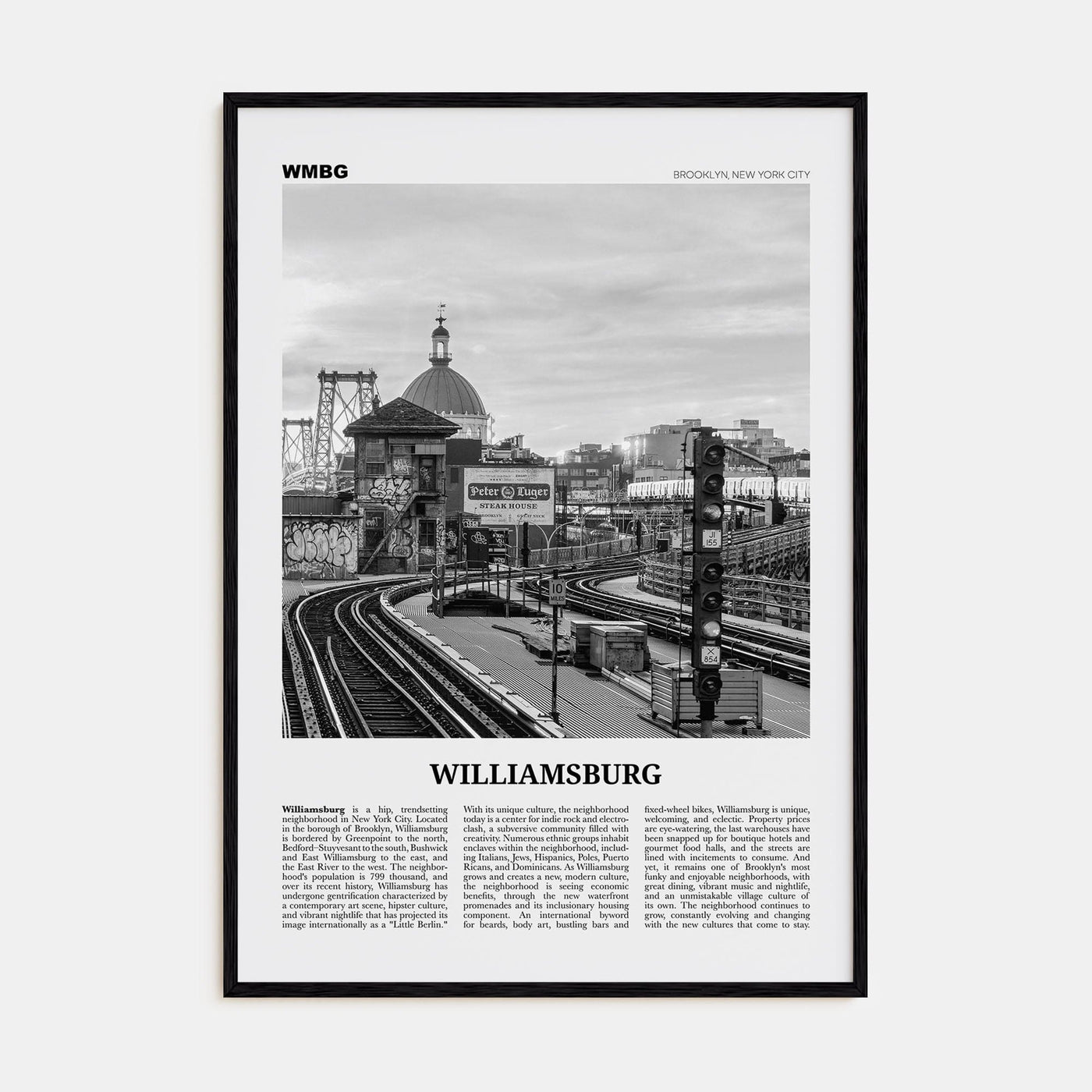 Williamsburg, New York No 2 Poster Black Wood / 8x12 in Nbourhood Travel B&W Poster