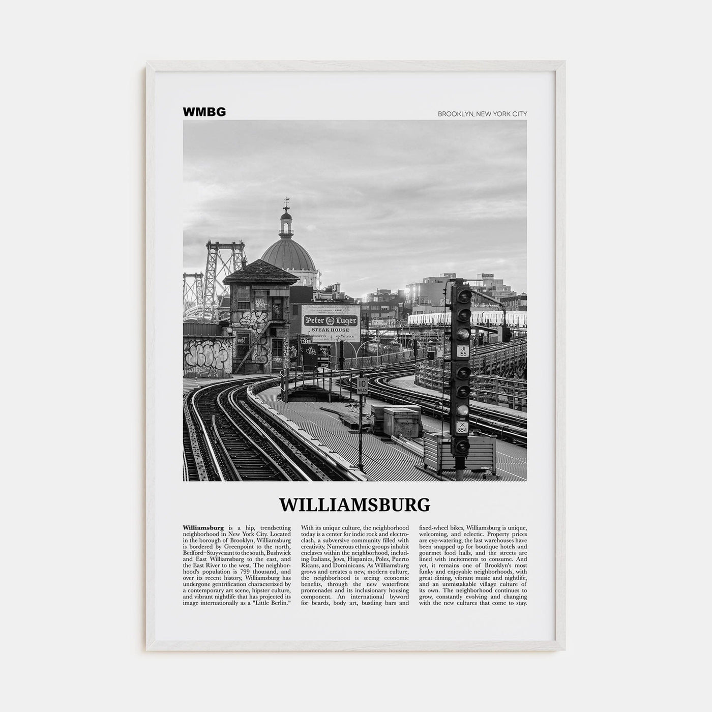 Williamsburg, New York No 2 Poster White Wood / 8x12 in Nbourhood Travel B&W Poster