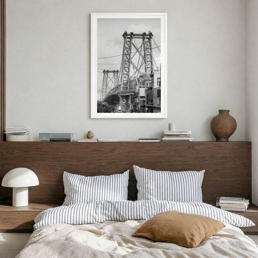 Williamsburg, New York Photo Poster in a white wood frame, hanging in a bedroom, white border