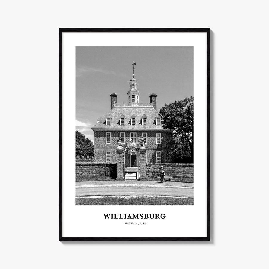 Williamsburg, Virginia black & white classic poster of Virginia, USA – vertical wall art, unframed print shown in interior mo
