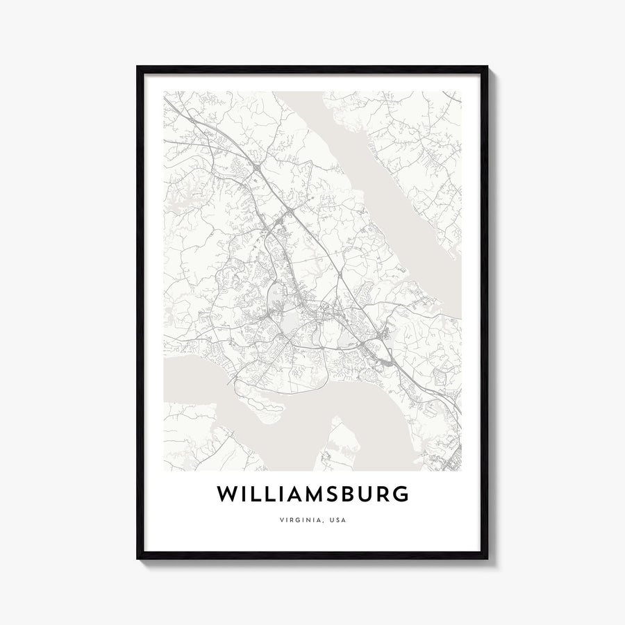 Williamsburg, Virginia black & white map poster of Virginia, USA – vertical wall art, unframed print shown in interior mockup