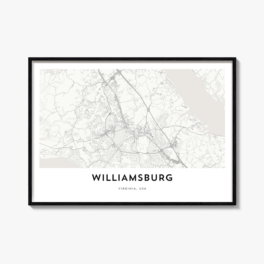 Williamsburg, Virginia black & white map poster of Virginia, USA – horizontal wall art, unframed print shown in interior mock