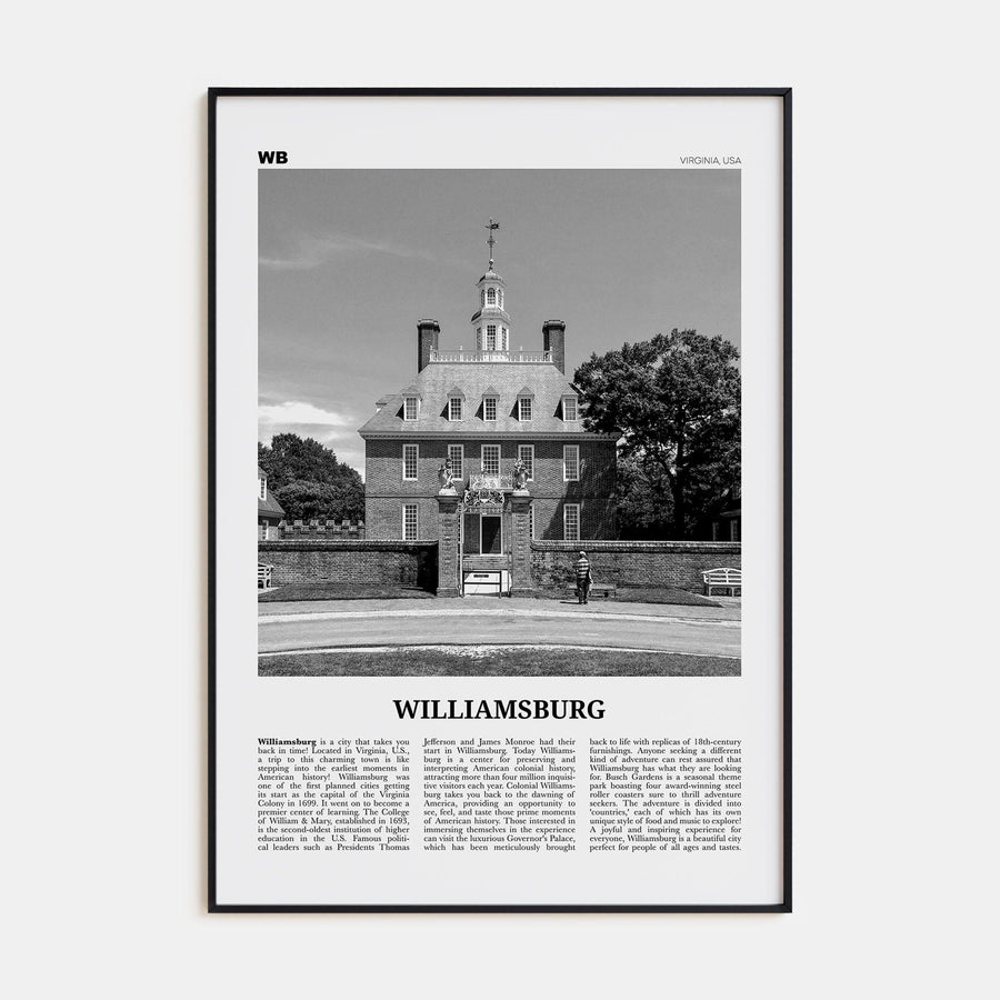 Williamsburg, Virginia Poster Black Metal / 8x12 in Nbourhood Travel B&W Poster