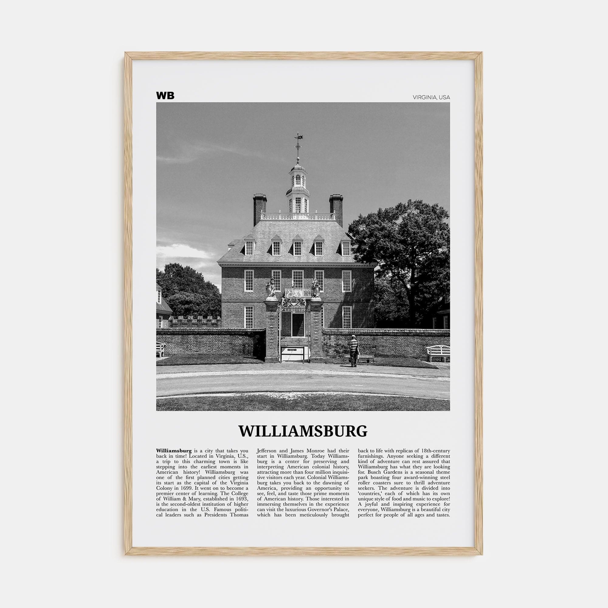 Williamsburg, Virginia Poster Natural Wood / 8x12 in Nbourhood Travel B&W Poster