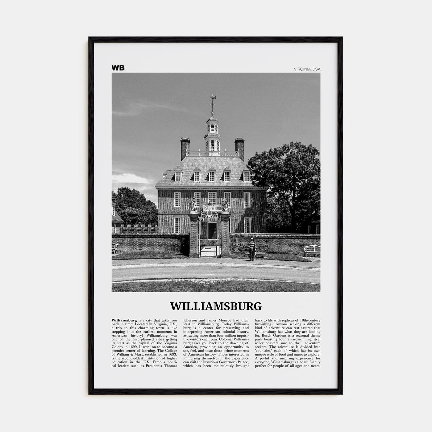 Williamsburg, Virginia Poster Black Wood / 8x12 in Nbourhood Travel B&W Poster