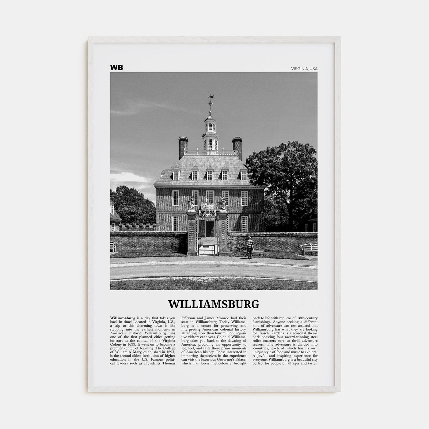 Williamsburg, Virginia Poster White Wood / 8x12 in Nbourhood Travel B&W Poster