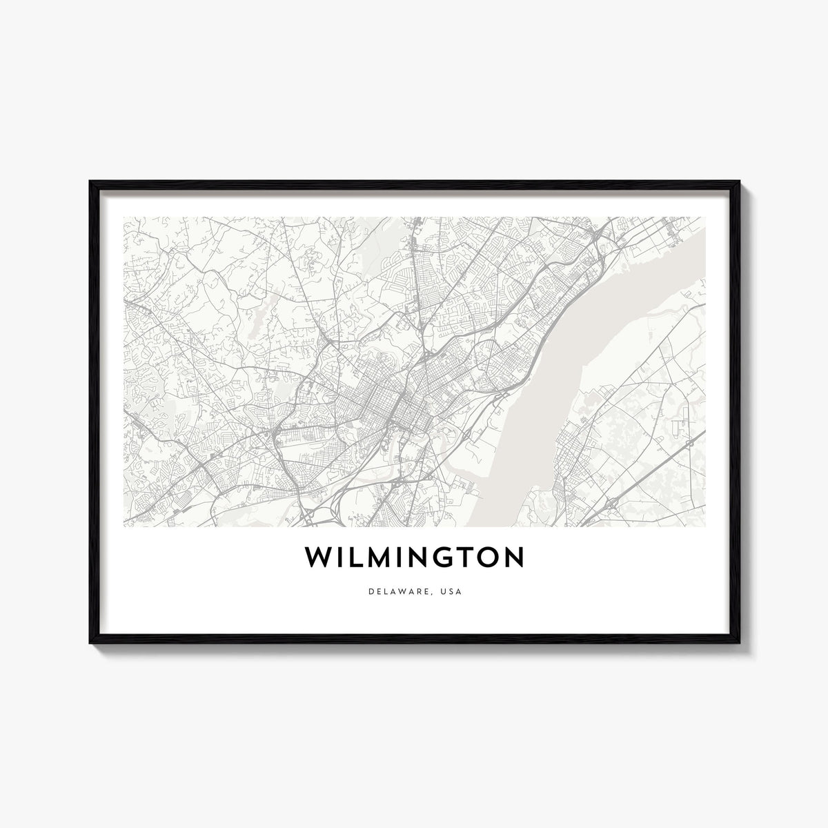 Wilmington, Delaware black & white map poster of Delaware, USA – horizontal wall art, unframed print shown in interior mockup