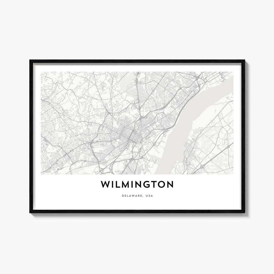 Wilmington, Delaware black & white map poster of Delaware, USA – horizontal wall art, unframed print shown in interior mockup