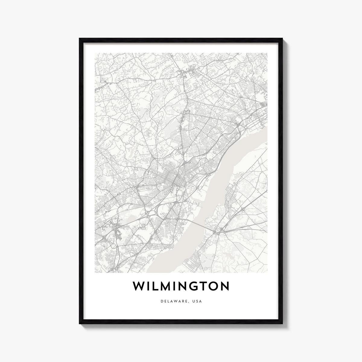 Wilmington, Delaware black & white map poster of Delaware, USA – vertical wall art, unframed print shown in interior mockup