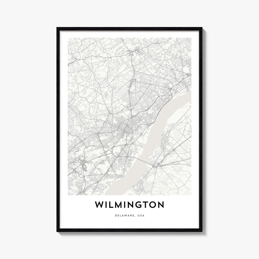 Wilmington, Delaware black & white map poster of Delaware, USA – vertical wall art, unframed print shown in interior mockup