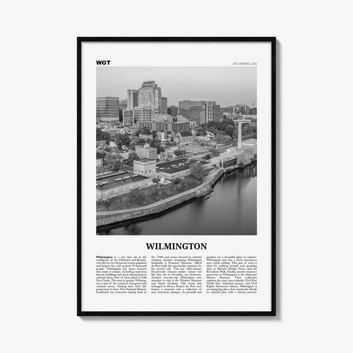 Wilmington, Delaware black & white newspaper poster of Delaware, USA – vertical wall art, unframed print shown in interior mo