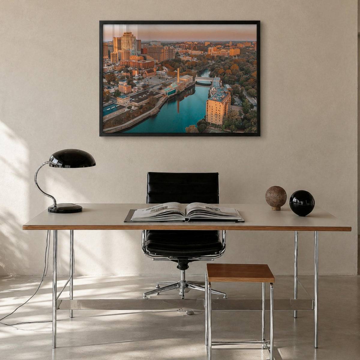 Wilmington, Delaware colorful photo poster of Delaware, USA – horizontal wall art in black wood frame, hanging on wall