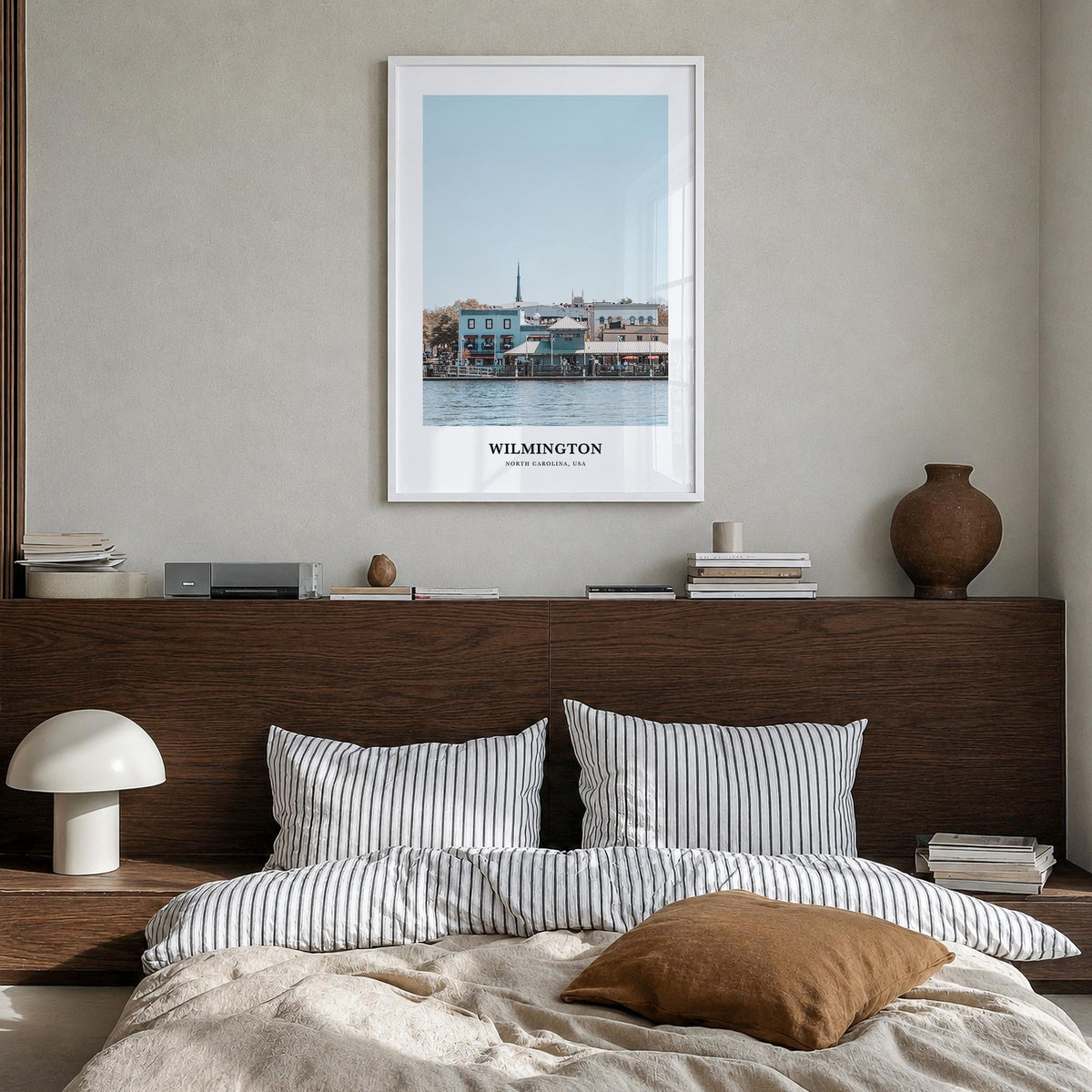 Wilmington, North Carolina colorful classic poster of North Carolina, USA – vertical wall art in white wood frame, hanging on