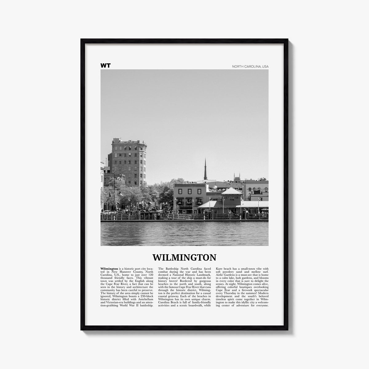 Wilmington, North Carolina no. 2 black & white newspaper poster of North Carolina, USA – vertical wall art, unframed print sh