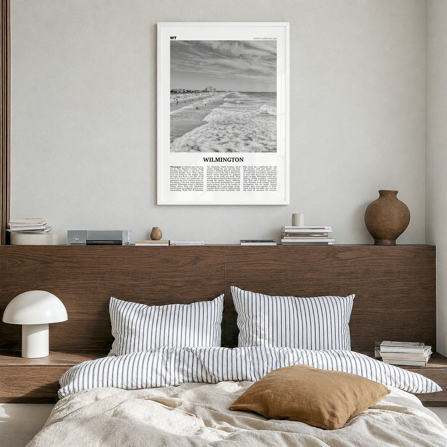 Wilmington, North Carolina Newspaper No 1 Poster in a white wood frame, hanging in a bedroom