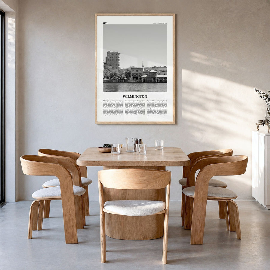 Wilmington, North Carolina Newspaper No 2 Poster in a natural wood frame, hanging in a dining room