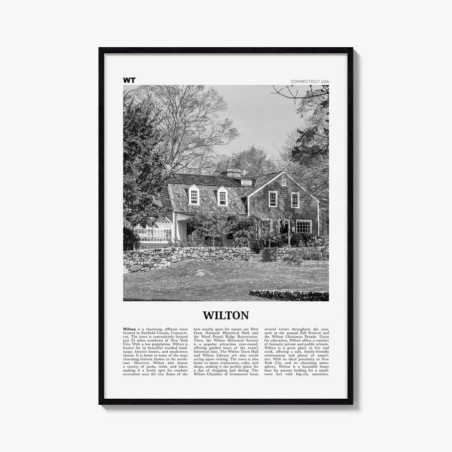 Wilton black & white newspaper poster of Connecticut, USA – vertical wall art, unframed print shown in interior mockup