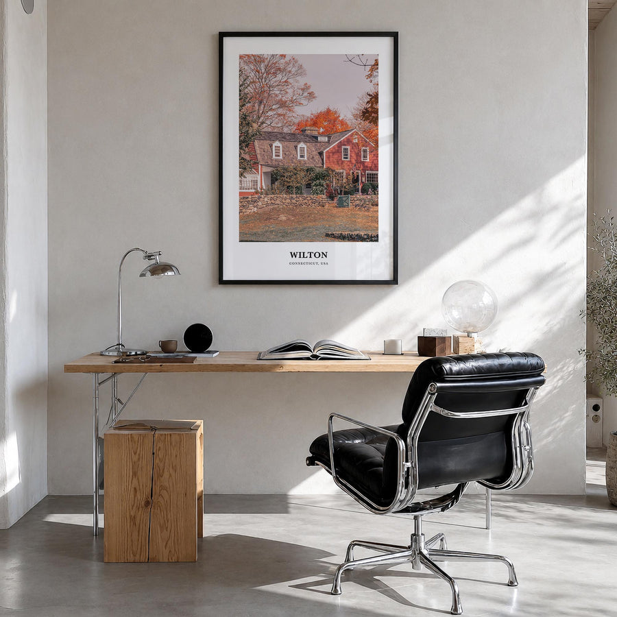 Wilton colorful classic poster of Connecticut, USA – vertical wall art in black wood frame, hanging on wall
