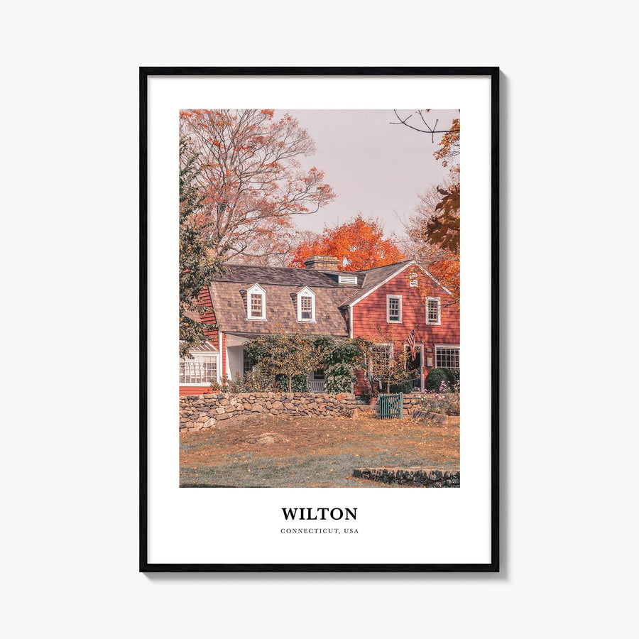 Wilton colorful classic poster of Connecticut, USA – vertical wall art, unframed print shown in interior mockup