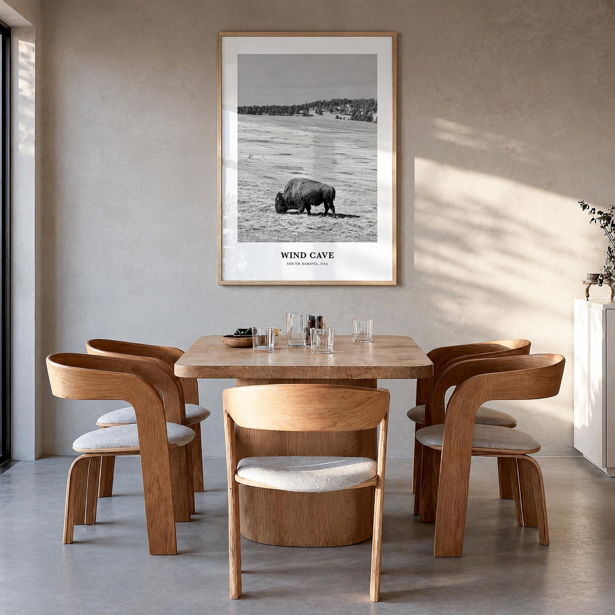 Wind Cave National Park black & white classic poster of South Dakota, USA – vertical wall art in natural wood frame, hanging 