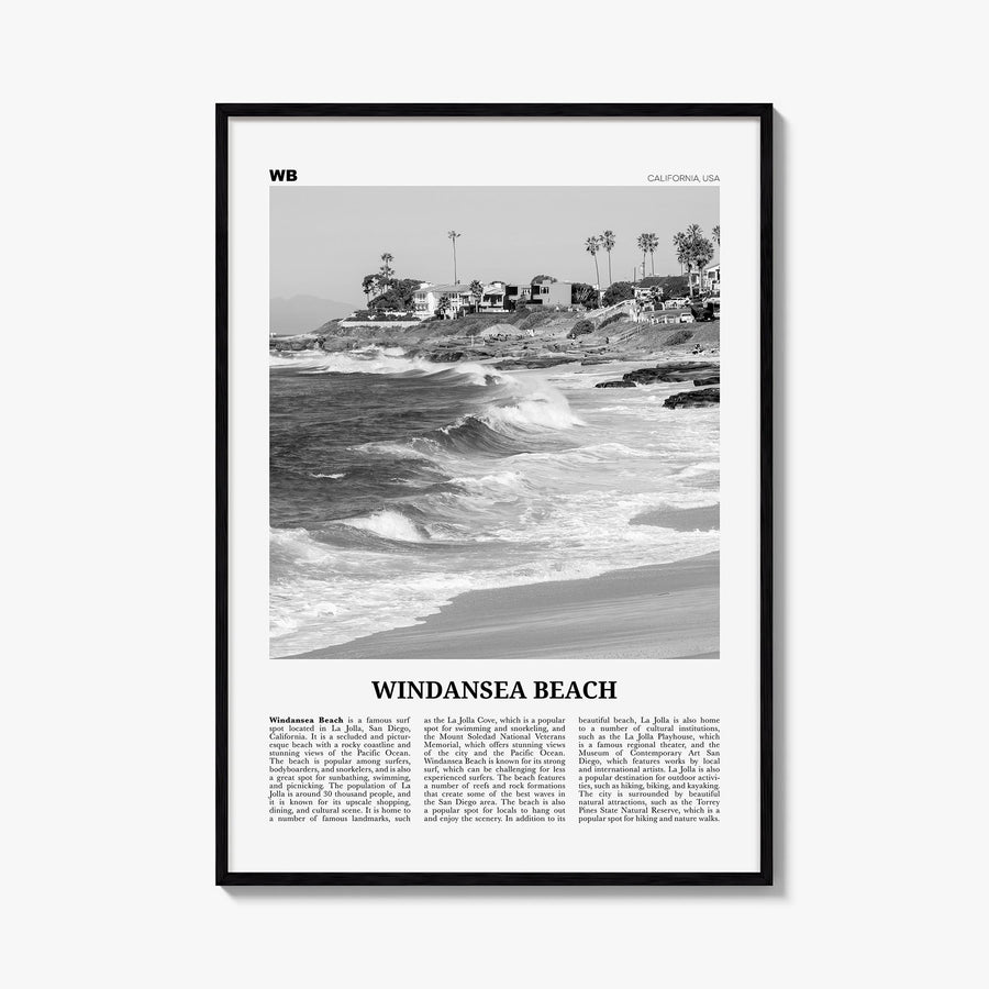 Windansea Beach black & white newspaper poster of California, USA – vertical wall art, unframed print shown in interior mocku